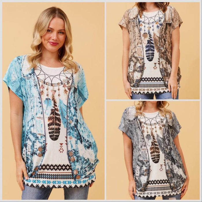 Caroline Morgan Women Casual Summer Top Feather Print Glitter Loose Tops