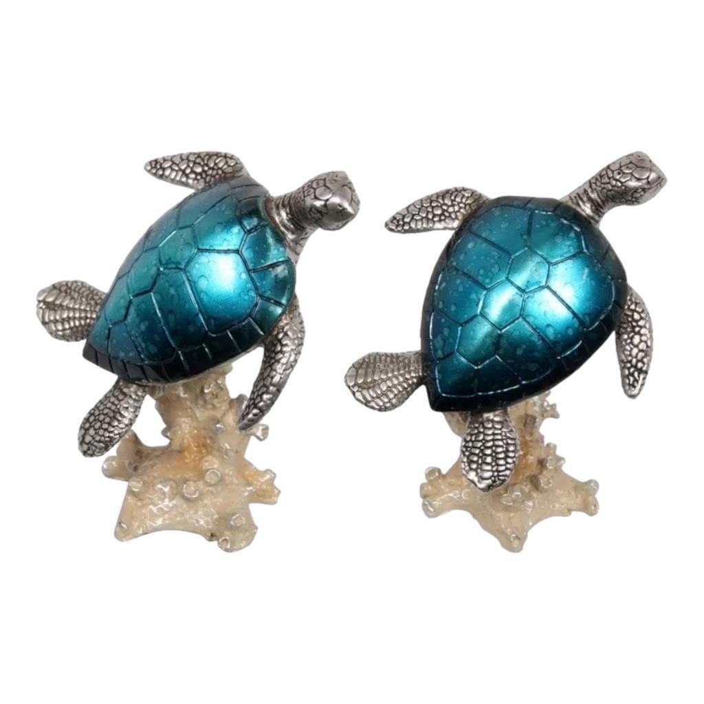 Blue Sea Turtle On Coral Statue 18cm Figurine Metallic Gift Decor Ornament