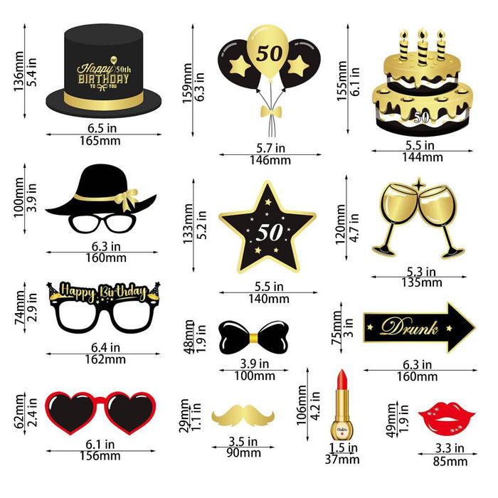 50th Birthday Photo Booth Props Funny Party Supplies Decorations 34pc Gold Black