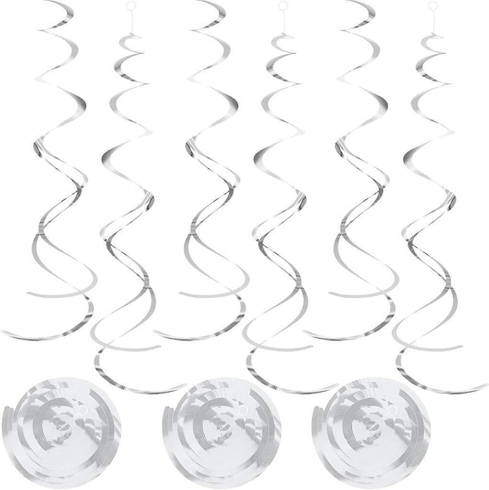 12x Silver Hanging Swirls Spiral Swirl Party Decorations Foil Ceiling Whirls