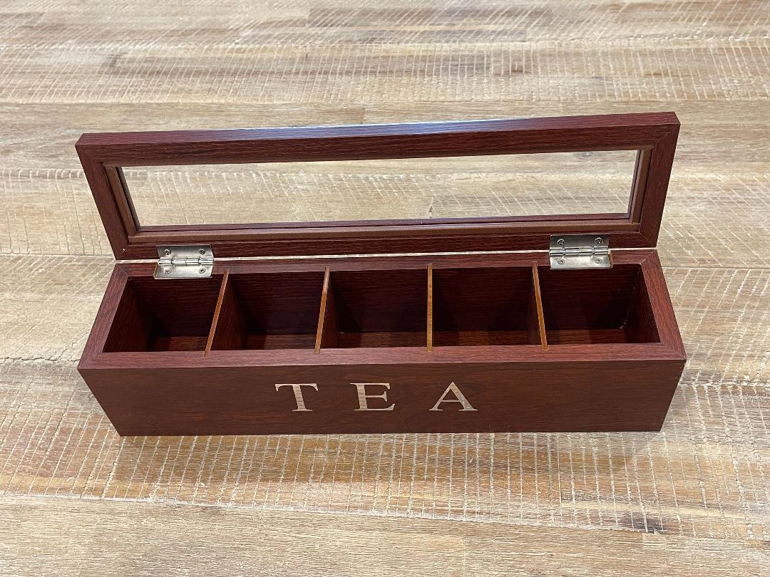 Tea Box Tea Bag Organizer Tea Holder Wooden Tea Chest Glass Lid 5 Compartment