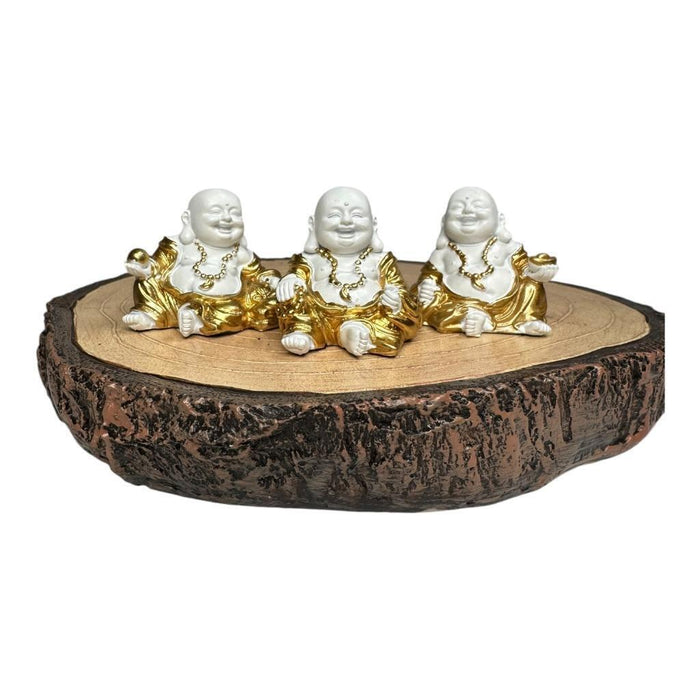 Mini Buddha Statues White & Gold Shiny Happy Ornament Figurines 4cm Set of 3