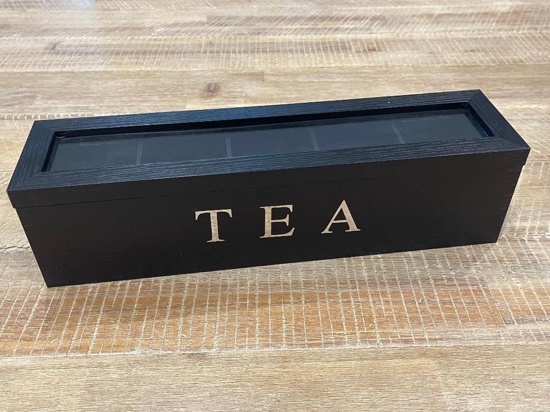 Tea Box Tea Bag Organizer Tea Holder Wooden Tea Chest Glass Lid 5 Compartment