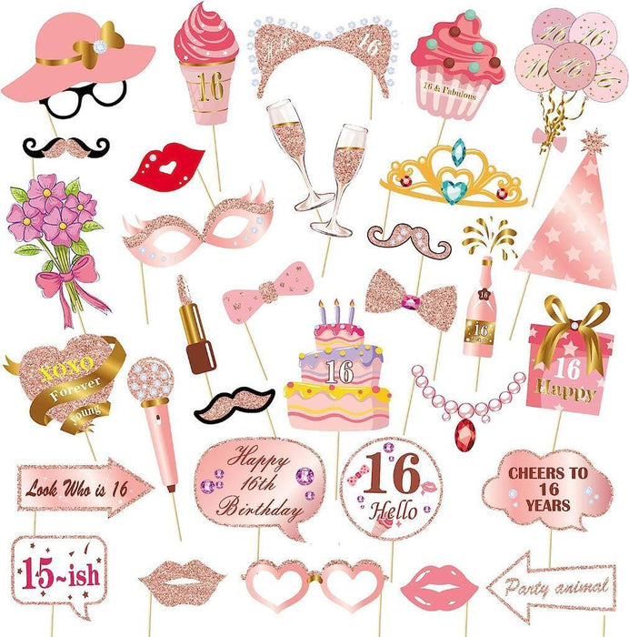 16th Birthday Photo Booth Props Funny Party Supplies Decorations 33pc Rose Gold