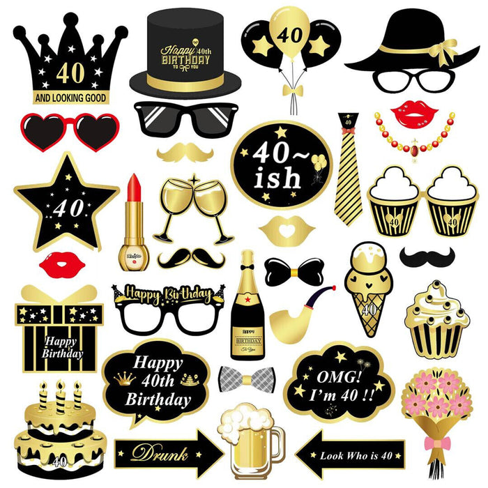 40th Birthday Photo Booth Props Funny Party Supplies Decorations 34pc Gold Black