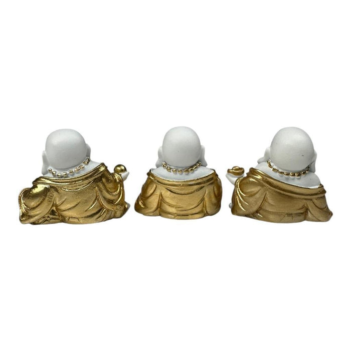 Mini Buddha Statues White & Gold Shiny Happy Ornament Figurines 4cm Set of 3