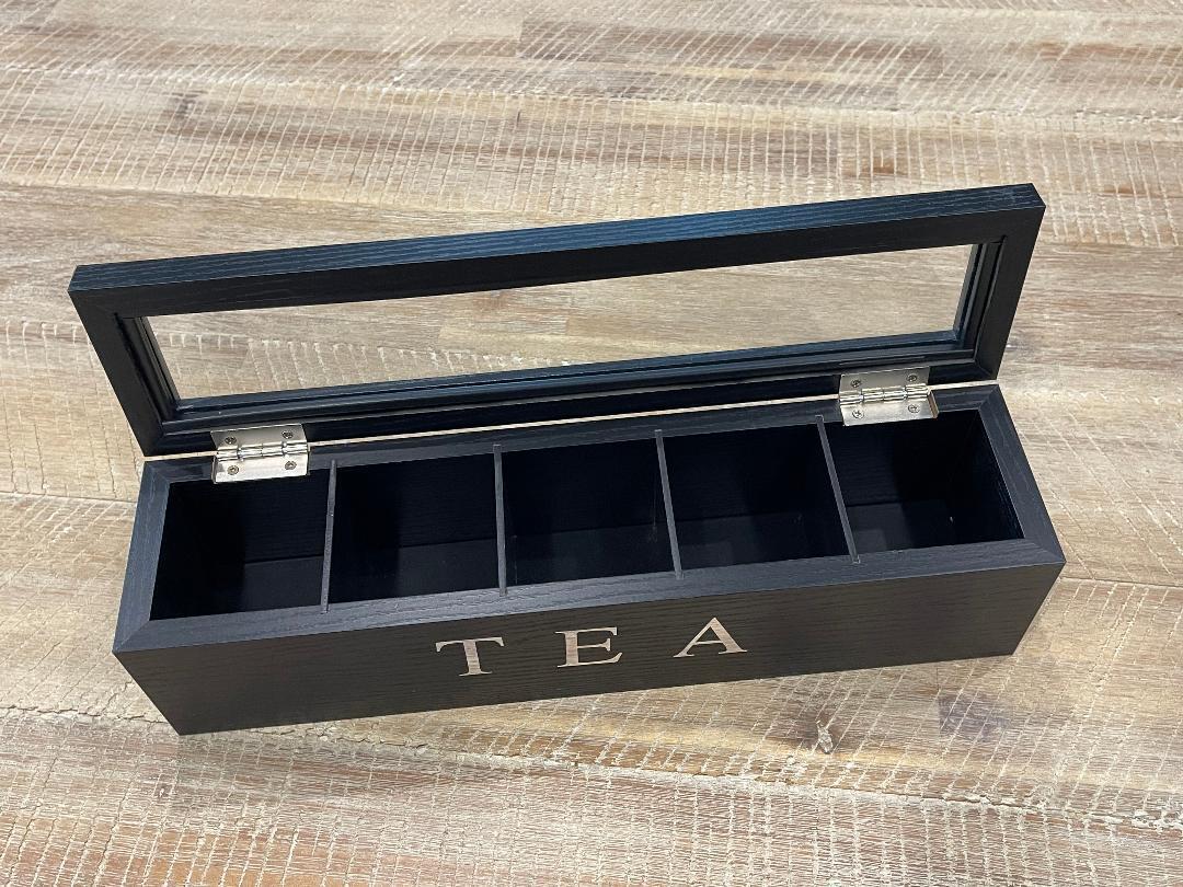 Tea Box Tea Bag Organizer Tea Holder Wooden Tea Chest Glass Lid 5 Compartment