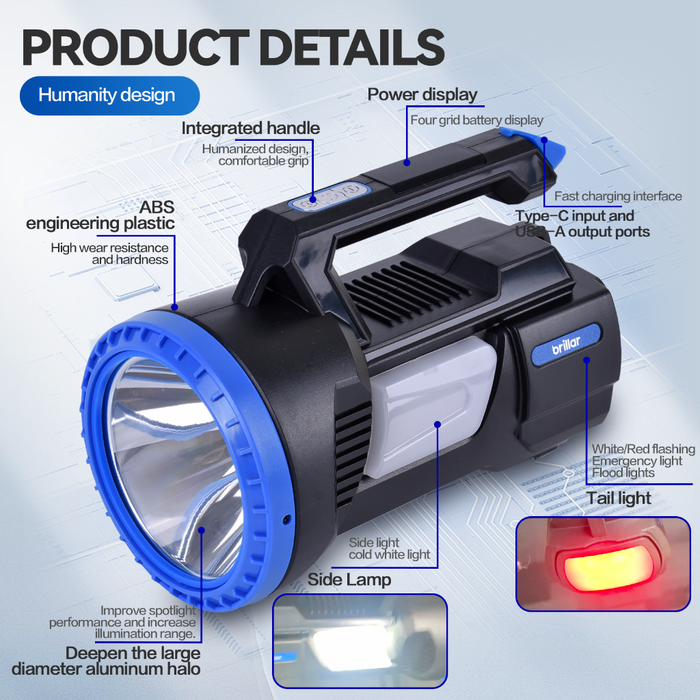 Brillar Rechargeable Searchlight SpotLight Torch Camping Fishing Hiking Usb