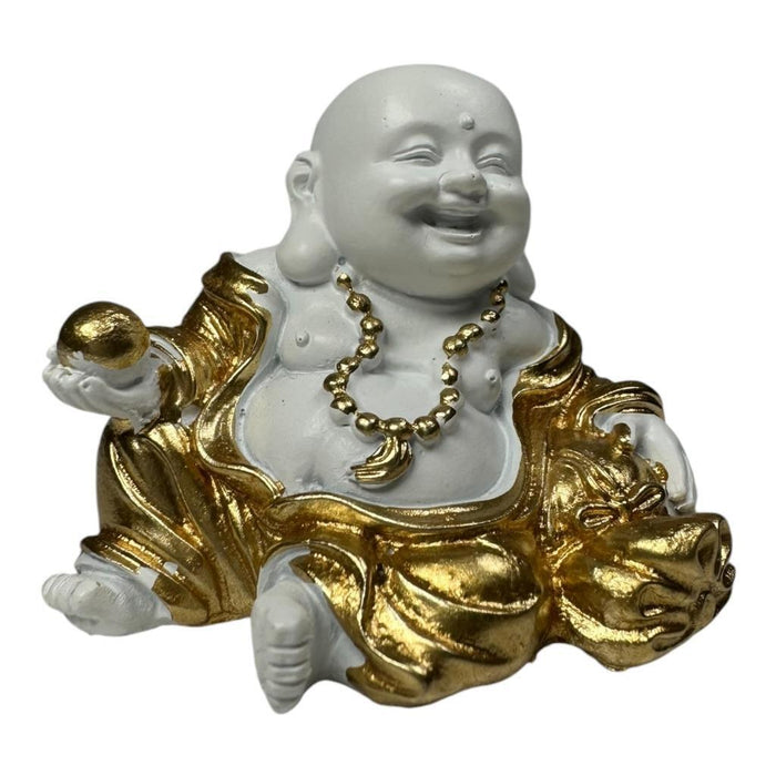 Mini Buddha Statues White & Gold Shiny Happy Ornament Figurines 4cm Set of 3