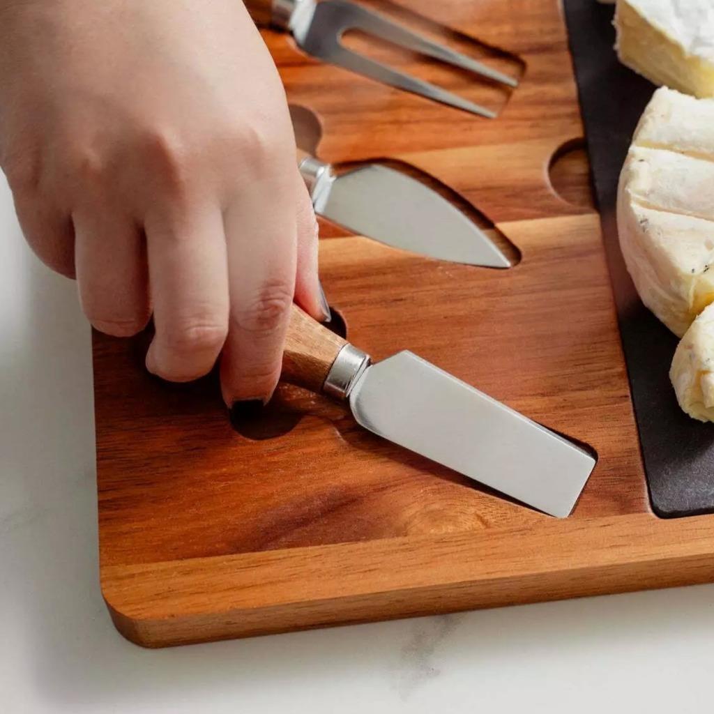4 Piece Wood & Slate Cheese Board & Knife Set Charcuterie Board Serving Tray