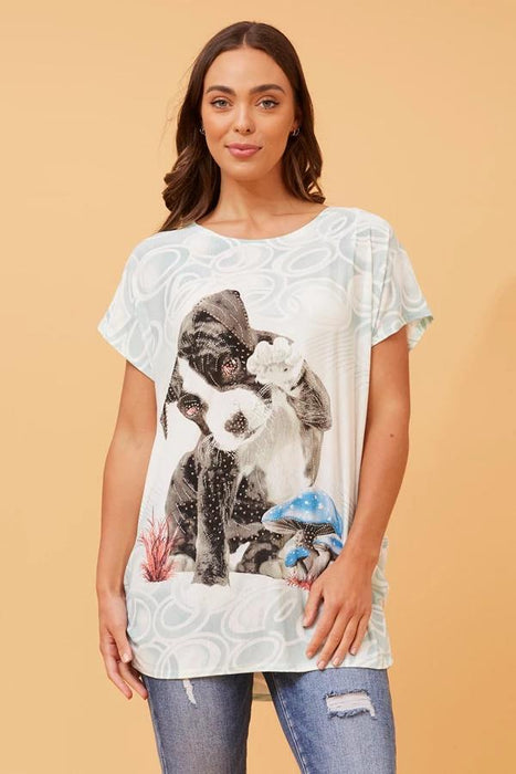 Caroline Morgan Women Casual Summer Top Dog Print Puppy Glitter Loose Tops