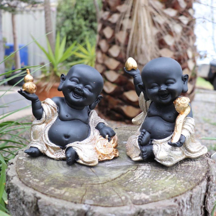 2x Happy Buddha Statue Lucky Fengshui Gold Monk Home Decor Figurine 13cm