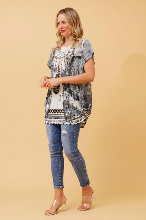 Caroline Morgan Women Casual Summer Top Feather Print Glitter Loose Tops