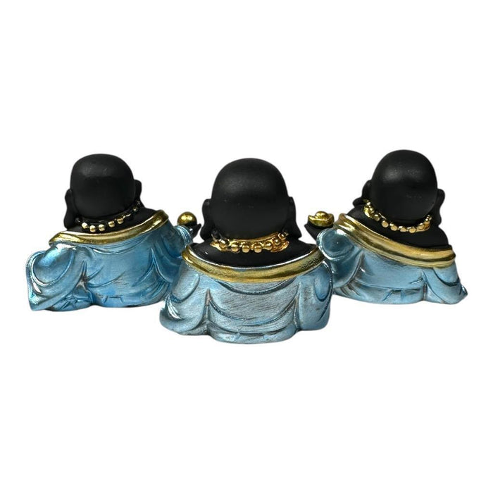 Mini Buddha Statues Blue Shiny Happy Ornament Figurines 4cm Set of 3