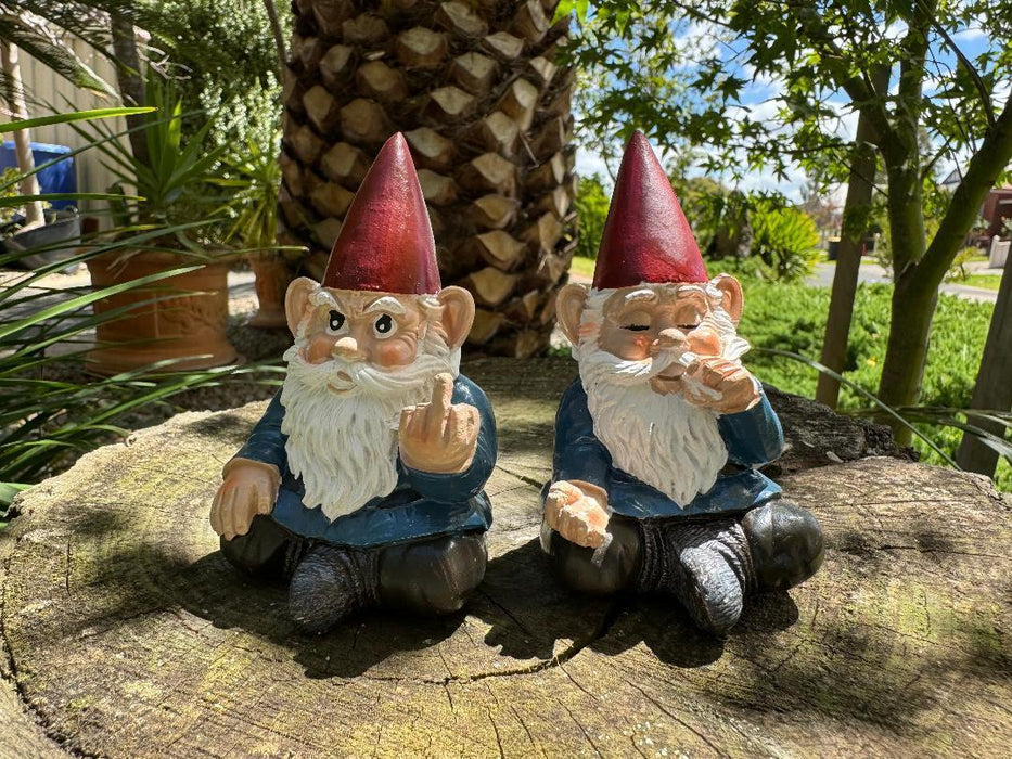 Garden Gnome Rude Finger & Smoking Gnome Set of 2 Funny Hilarious Gnomes 9.5cm