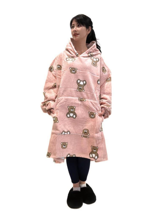 Hooded Blanket Soft Thick Warm Fleece Wearable Oversize Blanket Hoodie Pink Bear