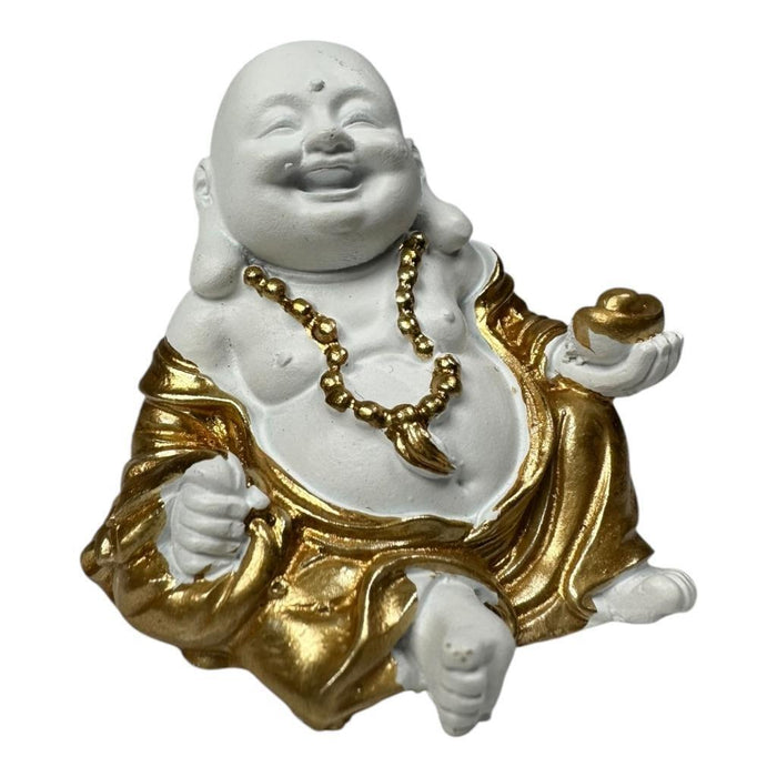 Mini Buddha Statues White & Gold Shiny Happy Ornament Figurines 4cm Set of 3