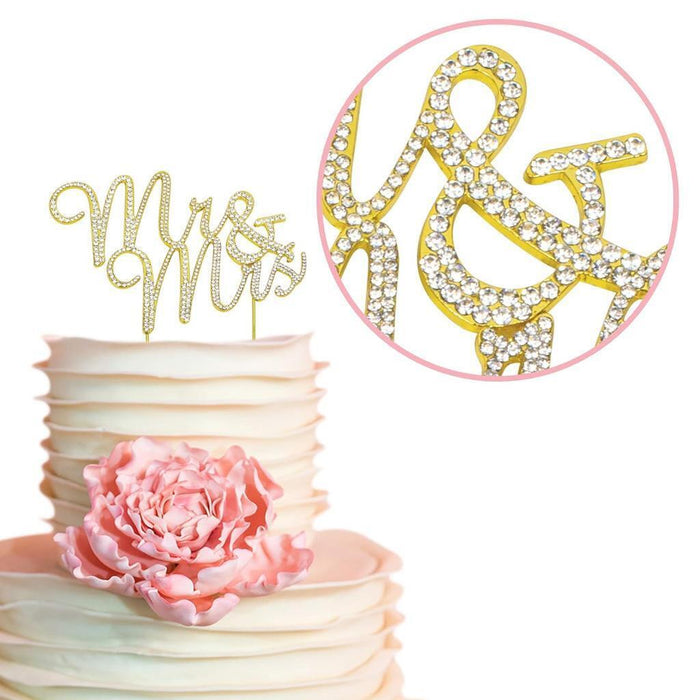 Mr & Mrs Wedding Cake Topper Crystal Gold Metal Wedding Anniversary Party