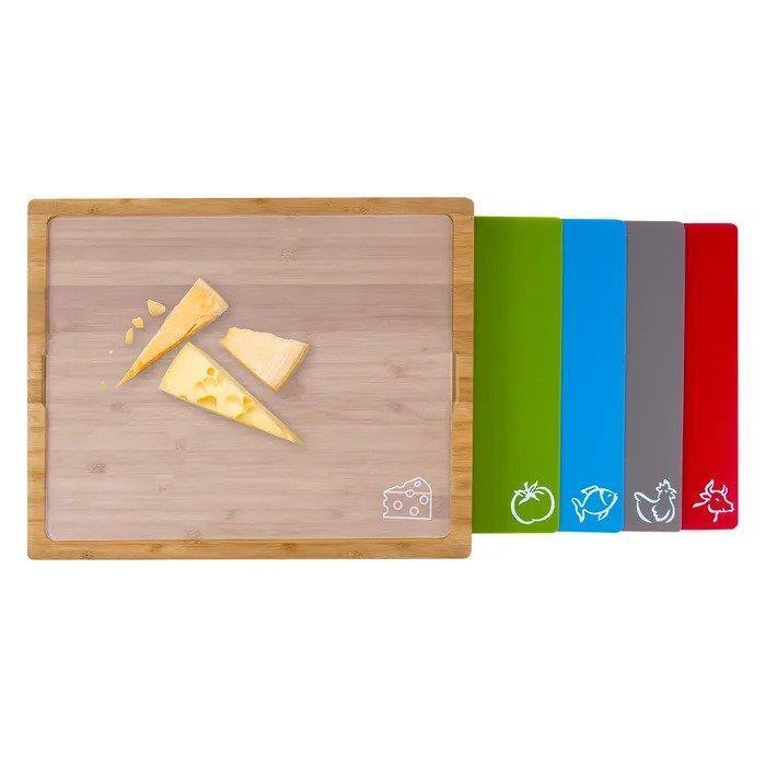 Bamboo Chopping board with inserts Wood Cutting Board with 6 Colour Cutting Mats