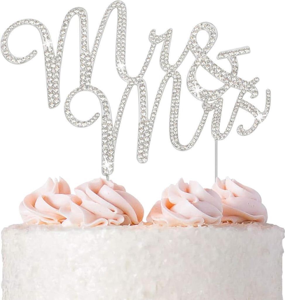 Mr & Mrs Wedding Cake Topper Crystal Silver Metal Wedding Anniversary Party