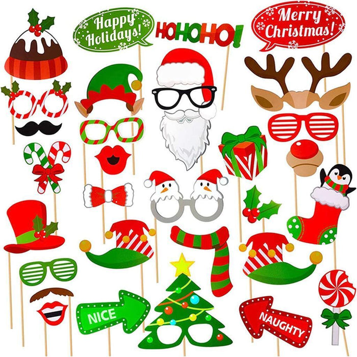 Christmas Photo Booth Props Selfie Props Accessories Santa Christmas Party 32pcs