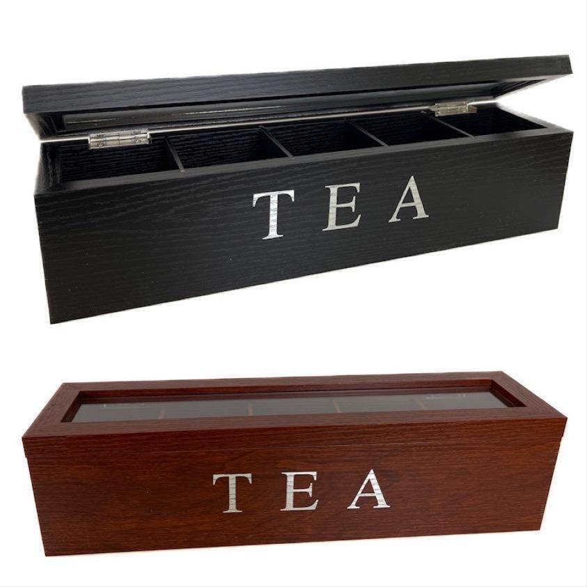 Tea Box Tea Bag Organizer Tea Holder Wooden Tea Chest Glass Lid 5 Compartment
