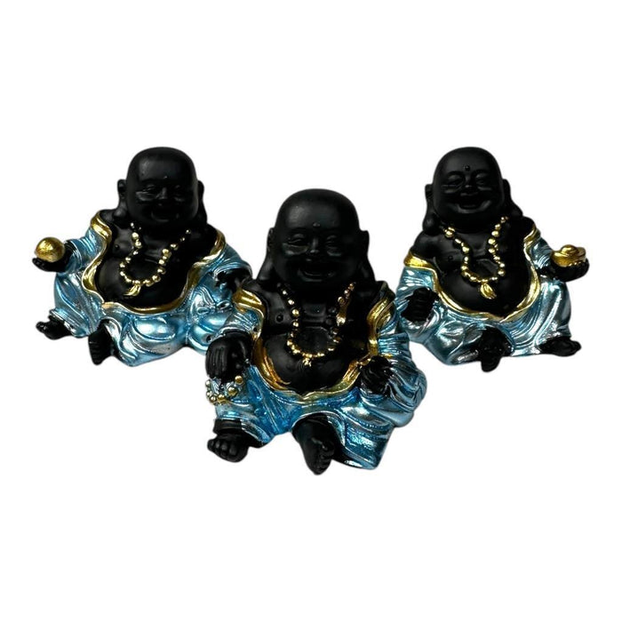 Mini Buddha Statues Blue Shiny Happy Ornament Figurines 4cm Set of 3