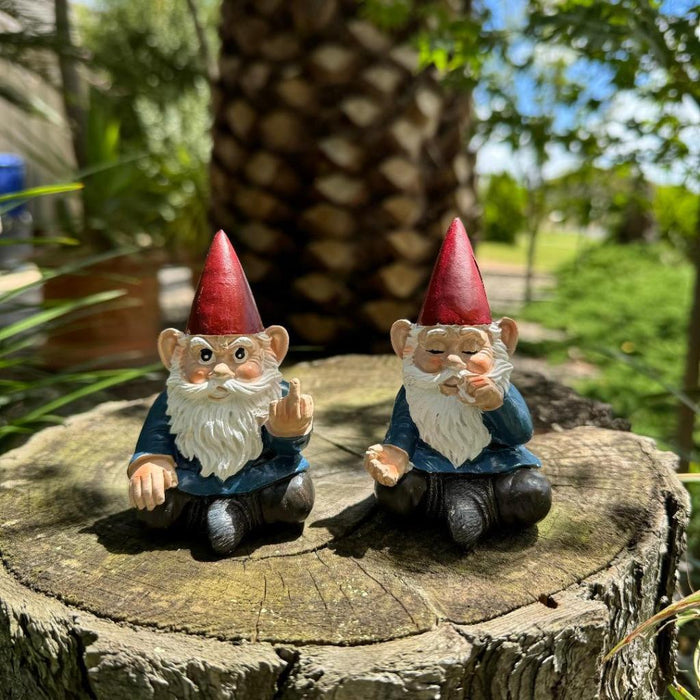 Garden Gnome Rude Finger & Smoking Gnome Set of 2 Funny Hilarious Gnomes 9.5cm