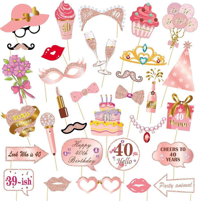 40th Birthday Photo Booth Props Funny Party Supplies Decorations 33pc Rose Gold