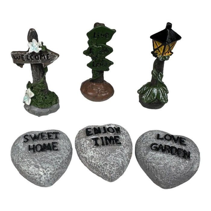 Miniature Fairy Garden Accessories Sign Posts, Lamps & Heart Stepping Stones 6pc