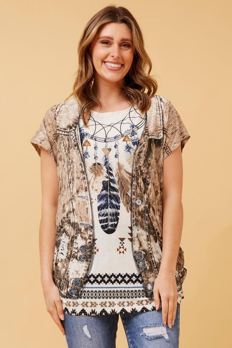 Caroline Morgan Women Casual Summer Top Feather Print Glitter Loose Tops