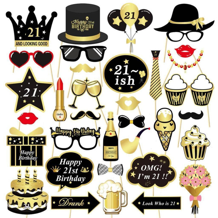 21st Birthday Photo Booth Props Funny Party Supplies Decorations 34pc Gold Black