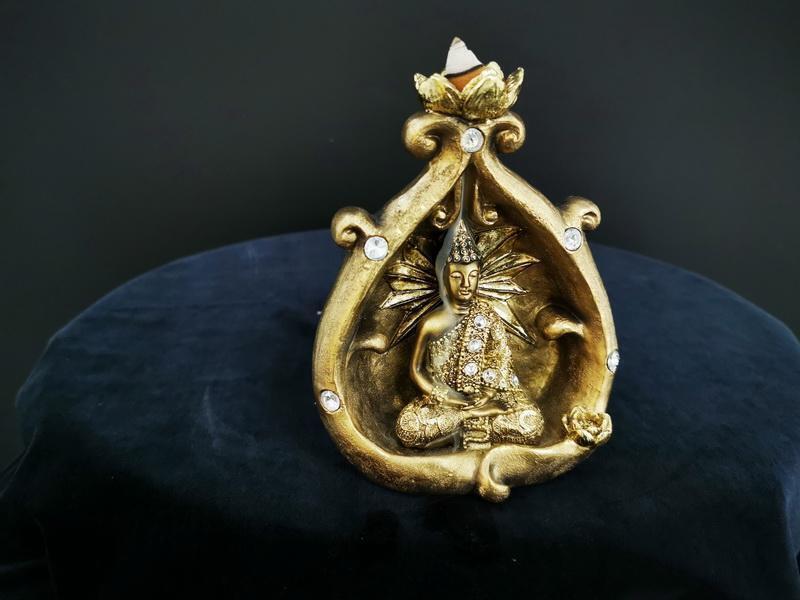 Meditative Buddha Statue Backflow Incense Burner Holder Smoke Censer Cone