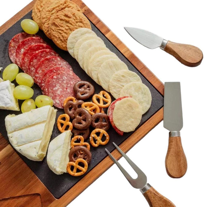 4 Piece Wood & Slate Cheese Board & Knife Set Charcuterie Board Serving Tray