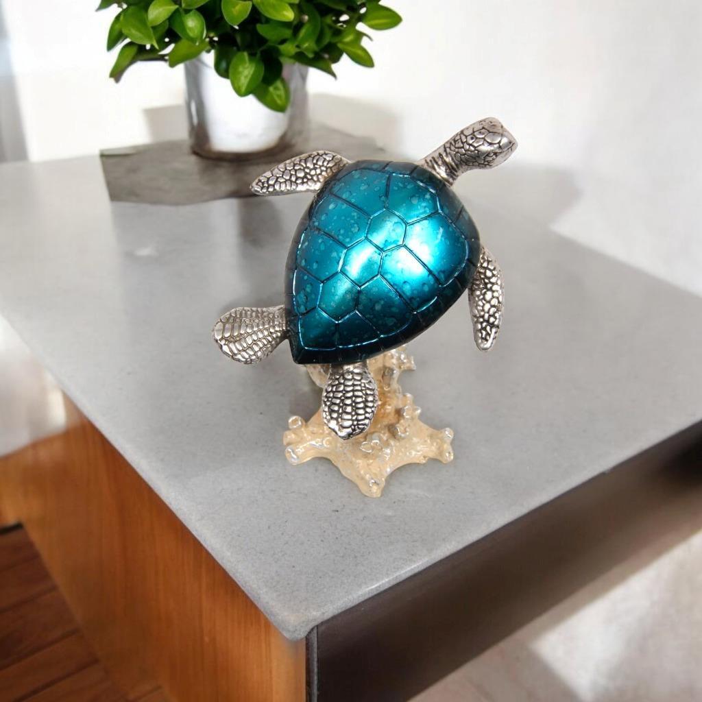 Blue Sea Turtle On Coral Statue 18cm Figurine Metallic Gift Decor Ornament