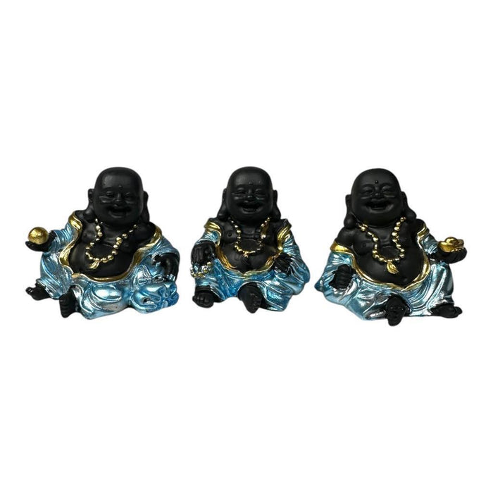 Mini Buddha Statues Blue Shiny Happy Ornament Figurines 4cm Set of 3