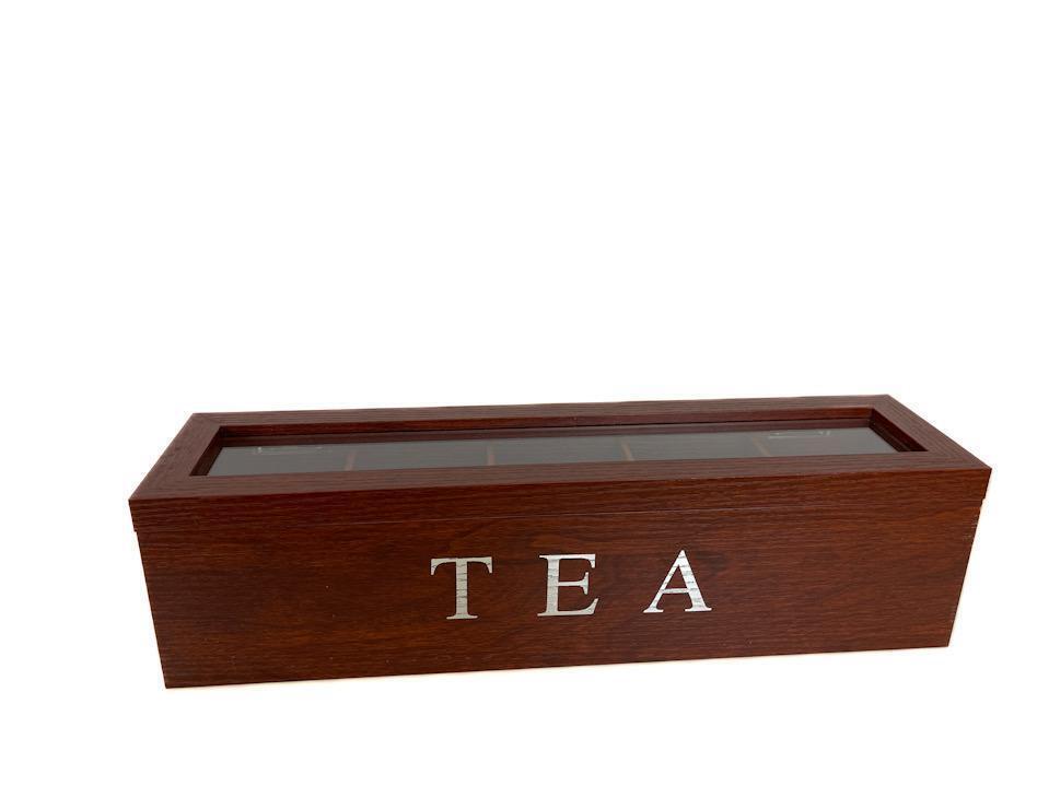 Tea Box Tea Bag Organizer Tea Holder Wooden Tea Chest Glass Lid 5 Compartment