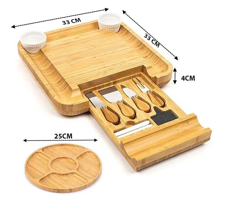 Bamboo Cheese Board & Knife Set Bonus Round Fruit Serving Tray Charcuterie Board