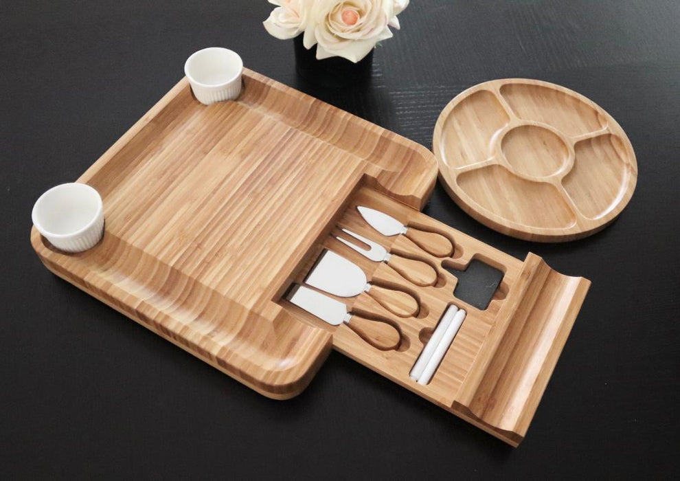 Bamboo Cheese Board & Knife Set Bonus Round Fruit Serving Tray Charcuterie Board