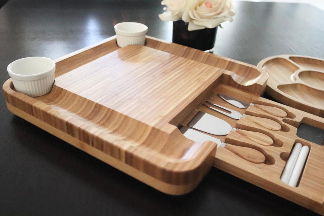 Bamboo Cheese Board & Knife Set Bonus Round Fruit Serving Tray Charcuterie Board