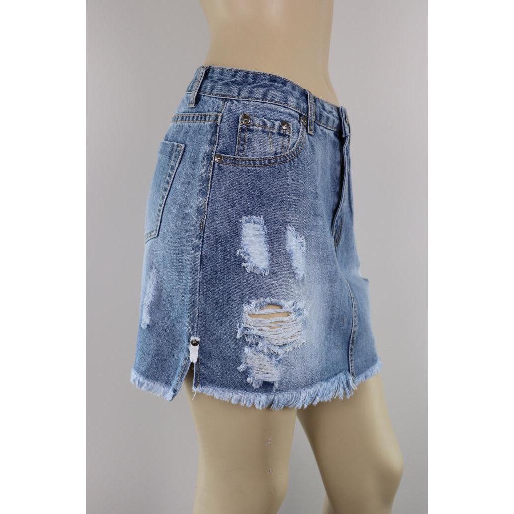 Wakee Short Denim Skirt Blue Jeans Ripped Pencil Mini Stretchy Casual Beach