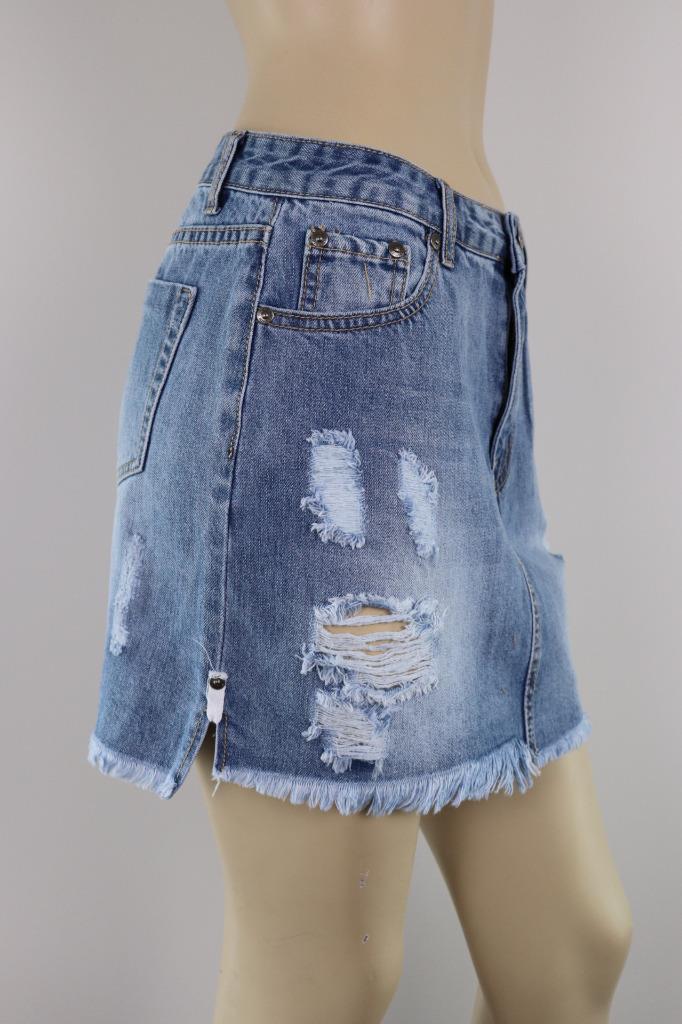 Wakee Short Denim Skirt Blue Jeans Ripped Pencil Mini Stretchy Casual Beach