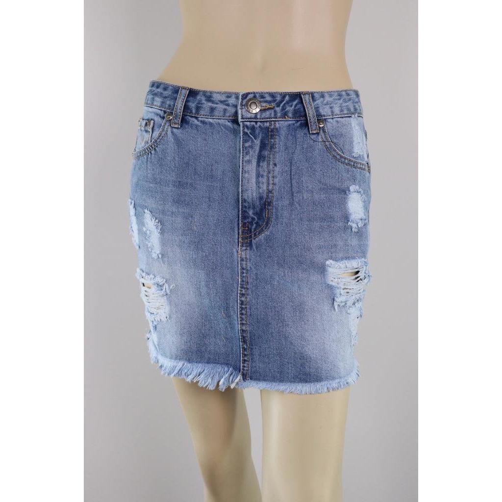 Wakee Short Denim Skirt Blue Jeans Ripped Pencil Mini Stretchy Casual Beach