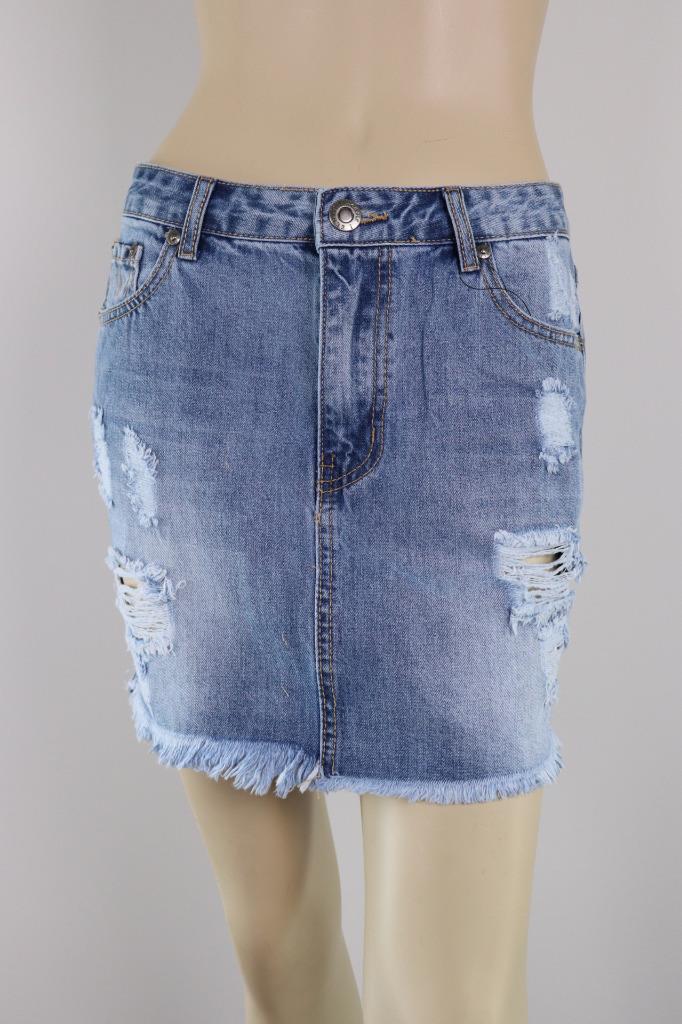 Wakee Short Denim Skirt Blue Jeans Ripped Pencil Mini Stretchy Casual Beach