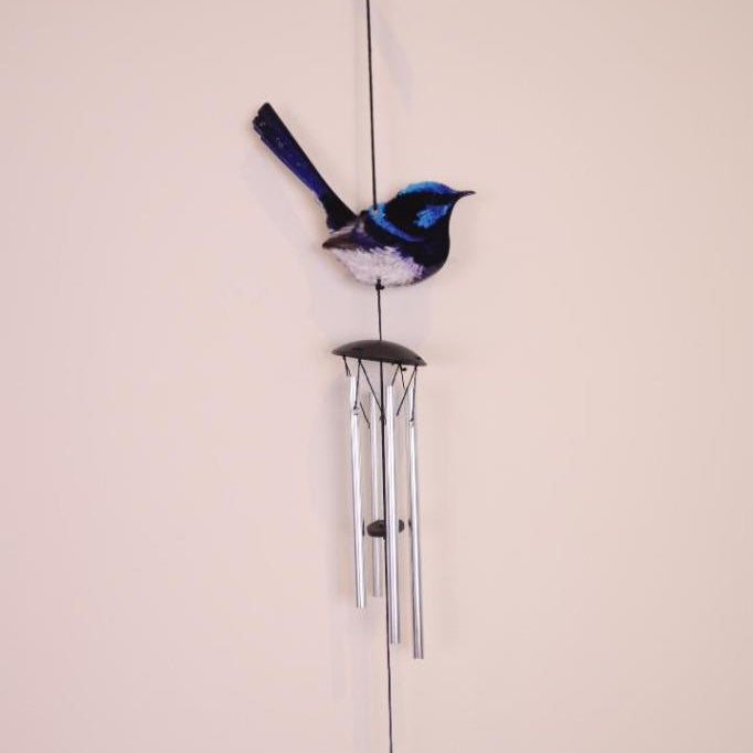 Bird Wind Chimes Blue Wren Winchime 4 Tube Outdoor Decor Hanging Garden Ornament