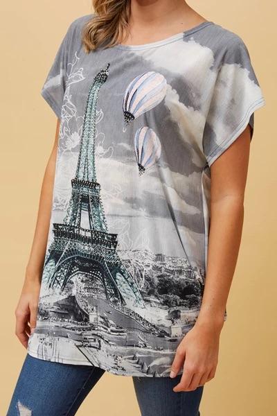 Caroline Morgan Women Casual Summer Top Paris Tower Print Loose Tops Plus Size