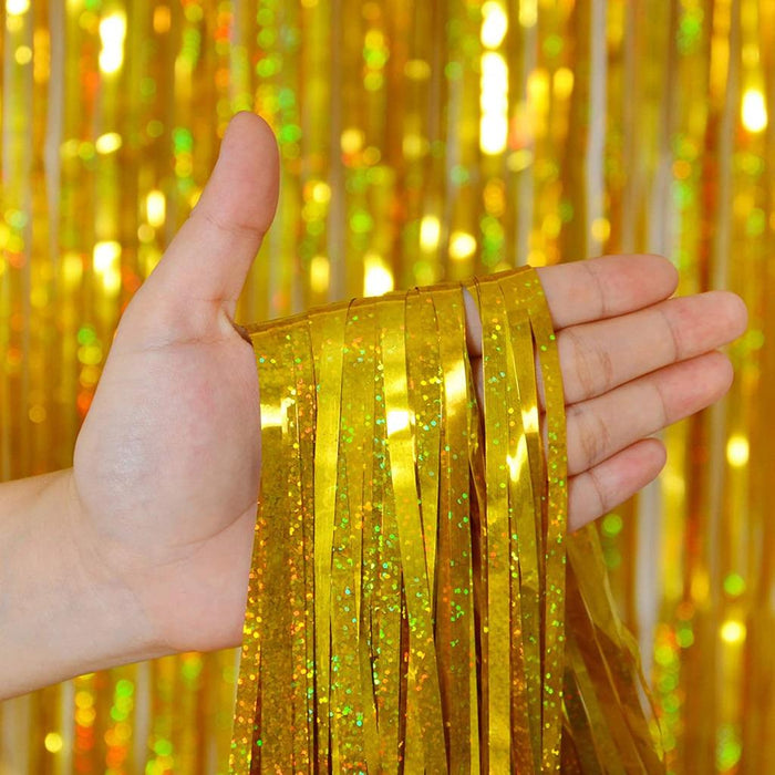 Gold Foil Curtain Sparkle Metallic Fringe Tinsel Backdrop Party Decorations