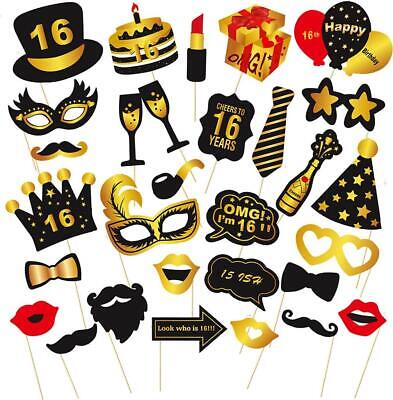 16th Birthday Photo Booth Props Funny Party Supplies Decorations 30pc Gold Black