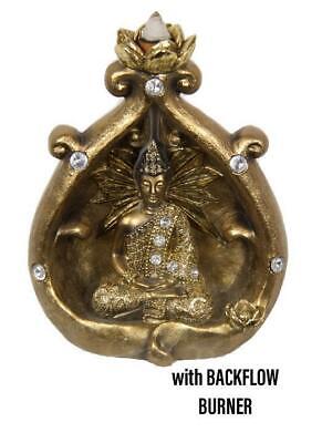 Gold Buddha Statue Backflow Incense Burner Holder Smoke Censer Cone Home Decor