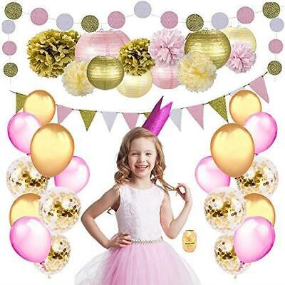 Pink Gold Party Decorations set Pom Poms Lanterns Confetti Balloons kit wedding